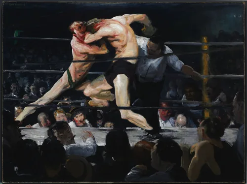 Two boxers lock and lunge at each other in a lit ring, the referee leaning in, the smoky crowd around them in shadow.