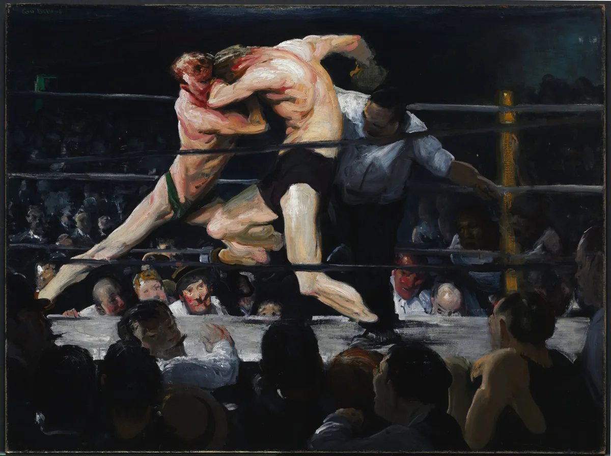 Two boxers lock and lunge at each other in a lit ring, the referee leaning in, the smoky crowd around them in shadow.