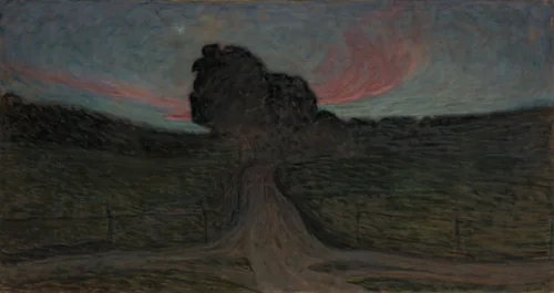 A dark, rounded tree stands on a sloping hill against a dusky sky streaked with red, a path winding down towards us.