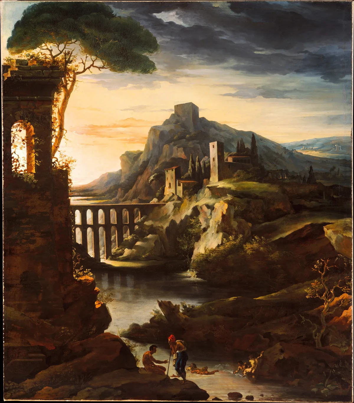 A ruined temple and a towering rock frame a valley with a Roman aqueduct and a hill town at sunset; small figures bathe in the river below.