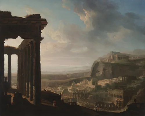 Broken classical columns frame a valley of ruined temples and walls that stretch to the horizon under a vast clouded sky.