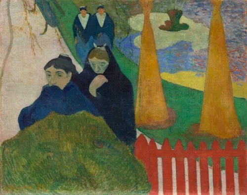 Painting of four women with blue shawls walking near red fence.