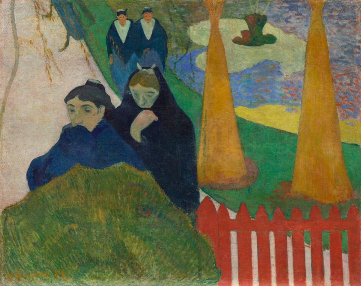 Painting of four women with blue shawls walking near red fence.