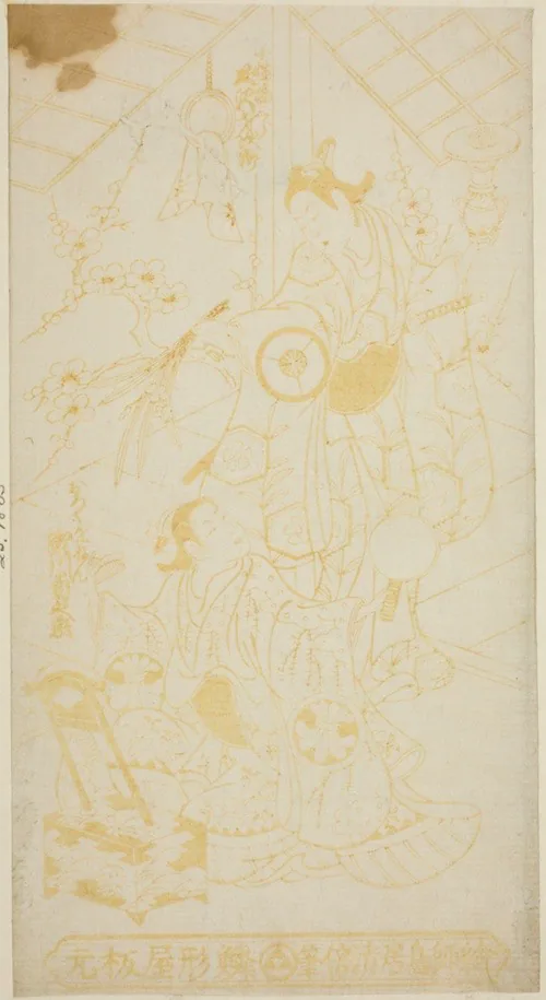 A work made of color woodblock print; hosoban, benizuri-e.