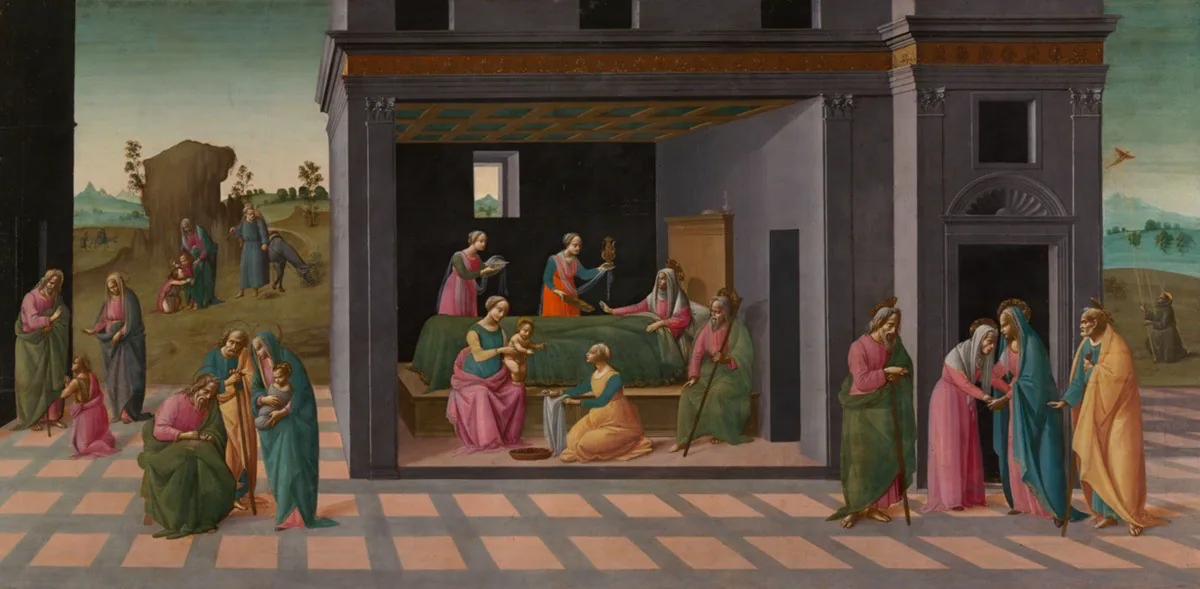 Outdoors, distinct groupings of adult men and women, some with halos, gather near a building. The front-facing wall of the building is not depicted, allowing for a view inside, where a woman sits in bed with two women nearby and two other women dress a baby. A bearded man sits near the bed.