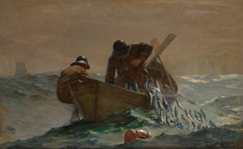 Painting of two fishermen in small wooden boat on rocky seas.