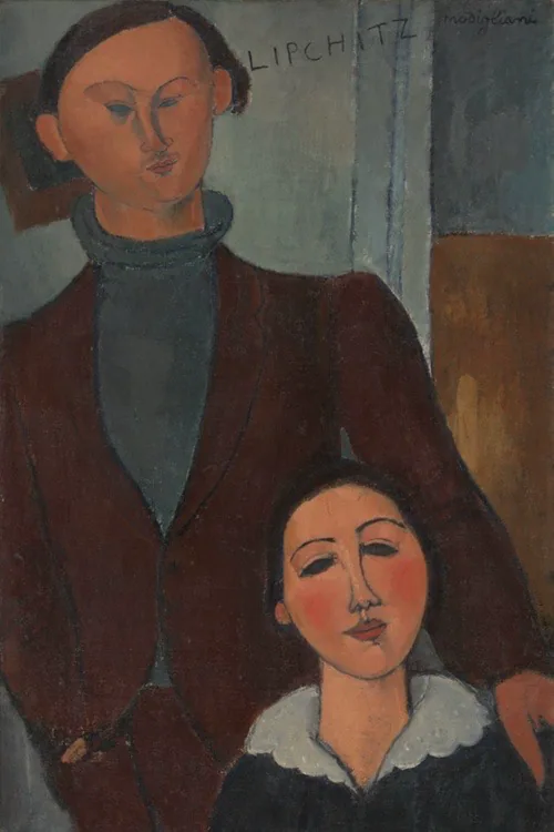 Large painting, standing man blue turtleneck, sitting woman with white collar.