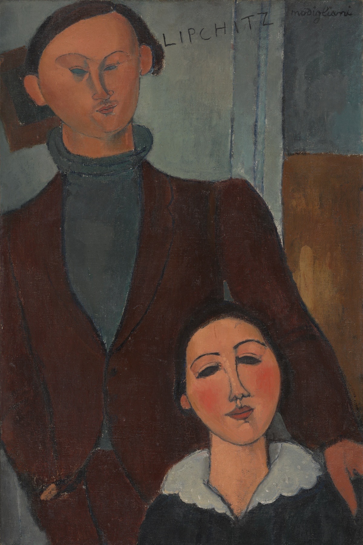 Large painting, standing man blue turtleneck, sitting woman with white collar.