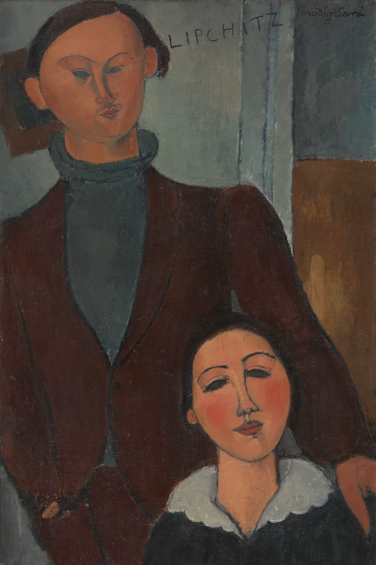 Large painting, standing man blue turtleneck, sitting woman with white collar.