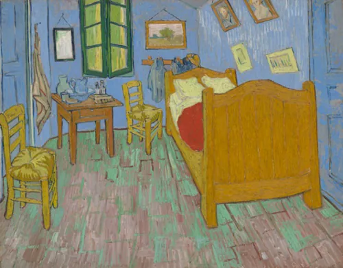 Painting of bedroom, blue walls, green window, tan bed, red bedding.