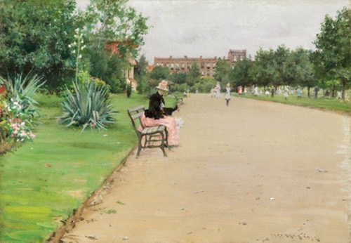 Small painting of woman in pink and black sitting on park bench.