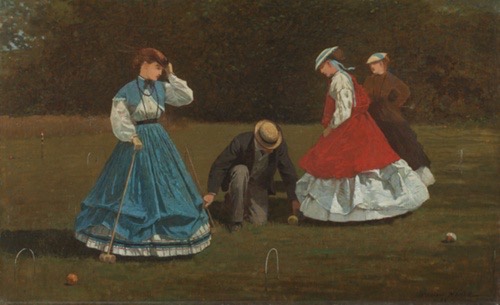 Painting of four figures in blue, red, brown dresses playing croquet.