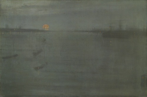 A sparsely painted waterside scene in dark tones with minimal ghostly shapes suggesting ships, yellow glitches of paint for light reflections, and the orb of an orange moon overhead.