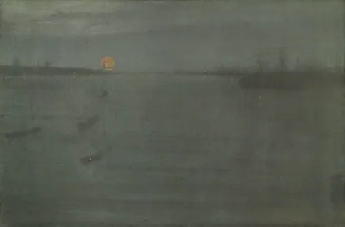 A sparsely painted waterside scene in dark tones with minimal ghostly shapes suggesting ships, yellow glitches of paint for light reflections, and the orb of an orange moon overhead.