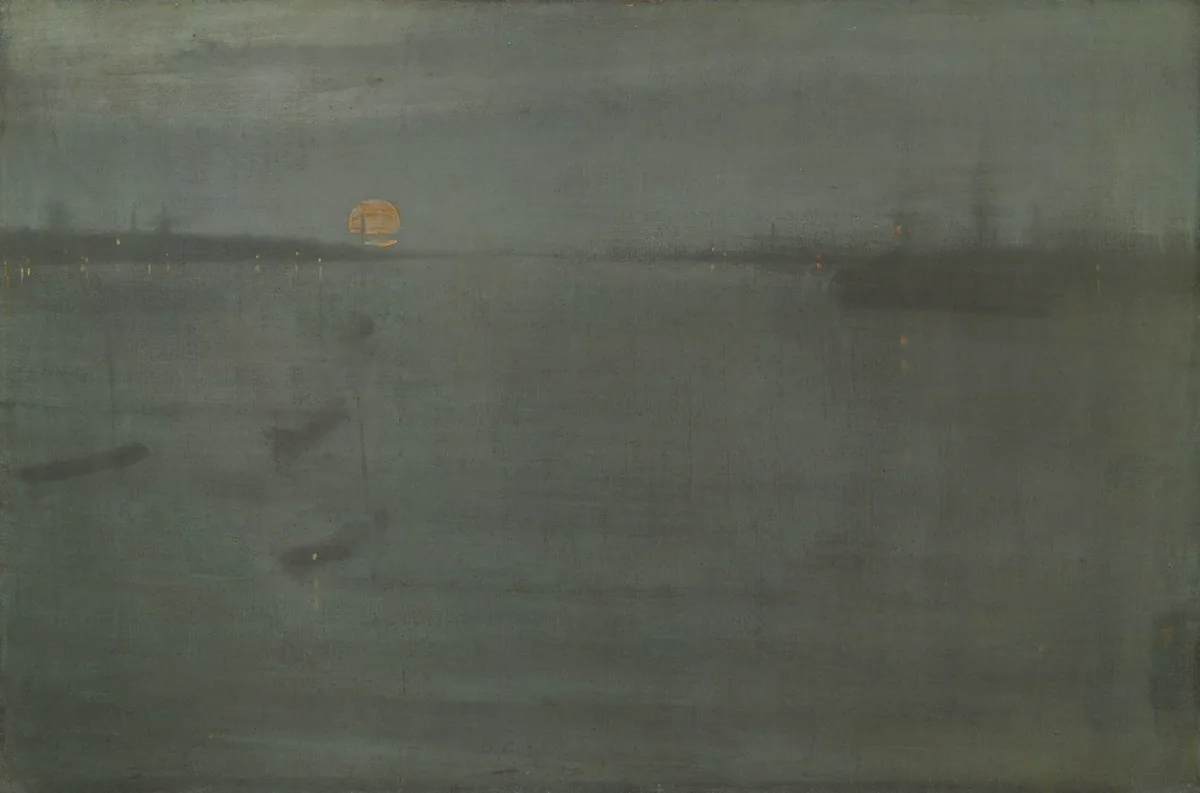 A sparsely painted waterside scene in dark tones with minimal ghostly shapes suggesting ships, yellow glitches of paint for light reflections, and the orb of an orange moon overhead.