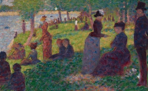 Heavy daubs of pigment form a crowded scene of roughly defined, finely dressed individuals in a brightly color park along a riverbank.