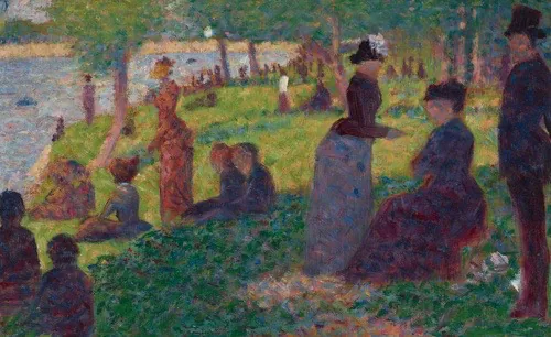 Heavy daubs of pigment form a crowded scene of roughly defined, finely dressed individuals in a brightly color park along a riverbank.
