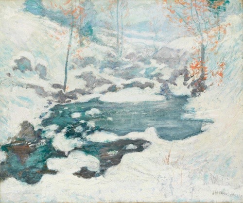 Winter landscape painting with rocky stream lined by orange leafed trees.