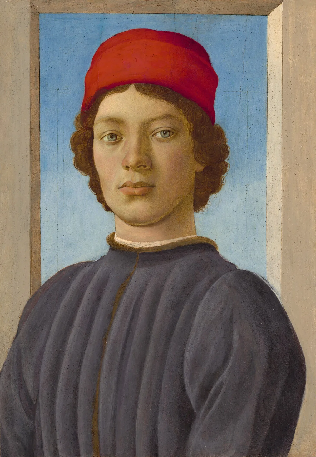This vertical portrait painting shows the head, shoulders, and chest of a pale-skinned young man in front a cream-white, stone window that opens onto blue sky.