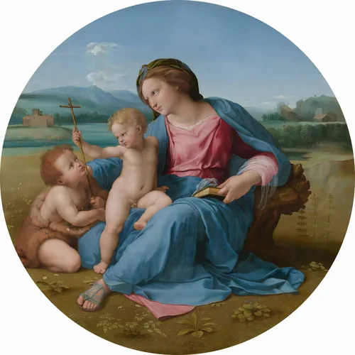 A woman and two children, all with pale skin and flushed cheeks, sit together in a landscape in this round painting.
