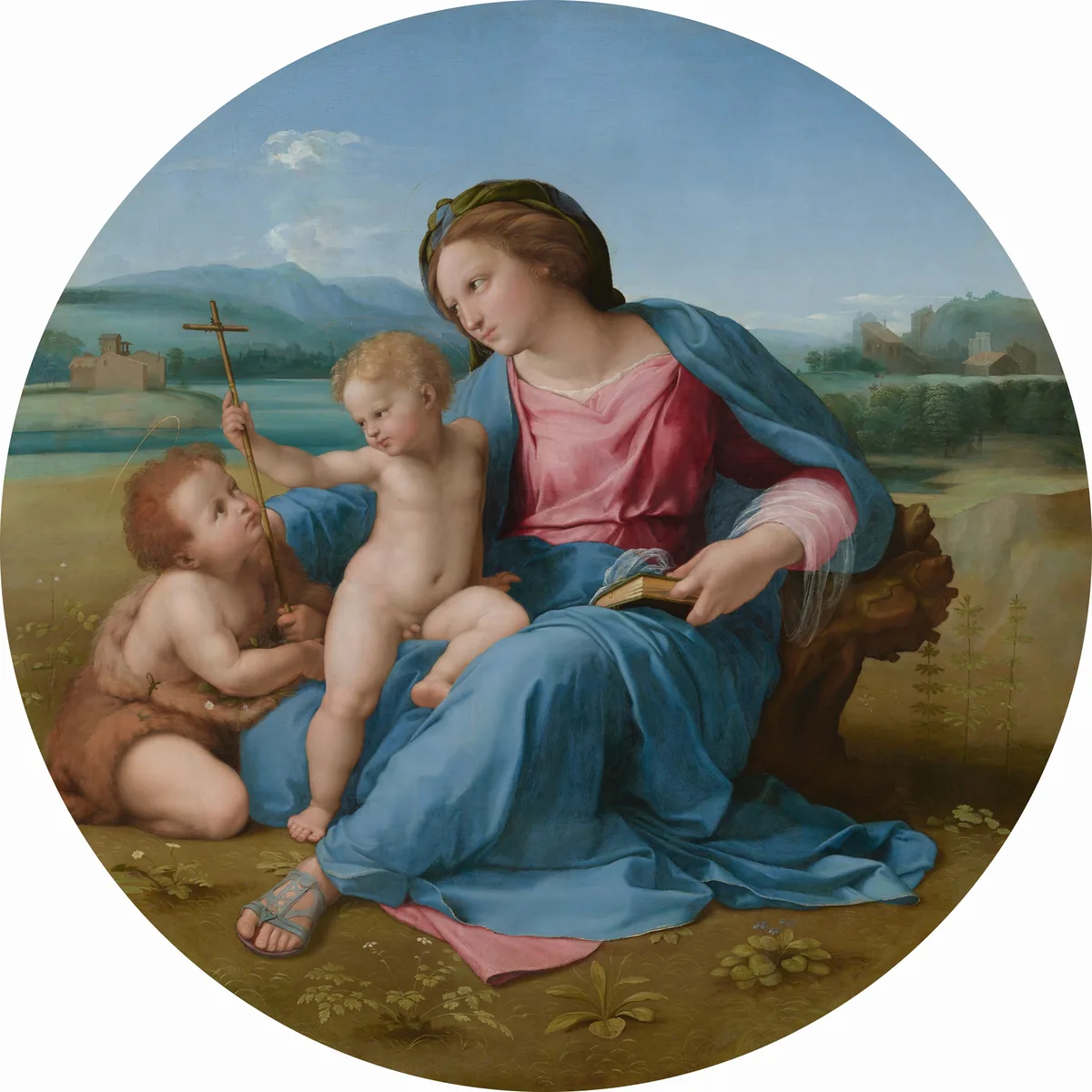 A woman and two children, all with pale skin and flushed cheeks, sit together in a landscape in this round painting.