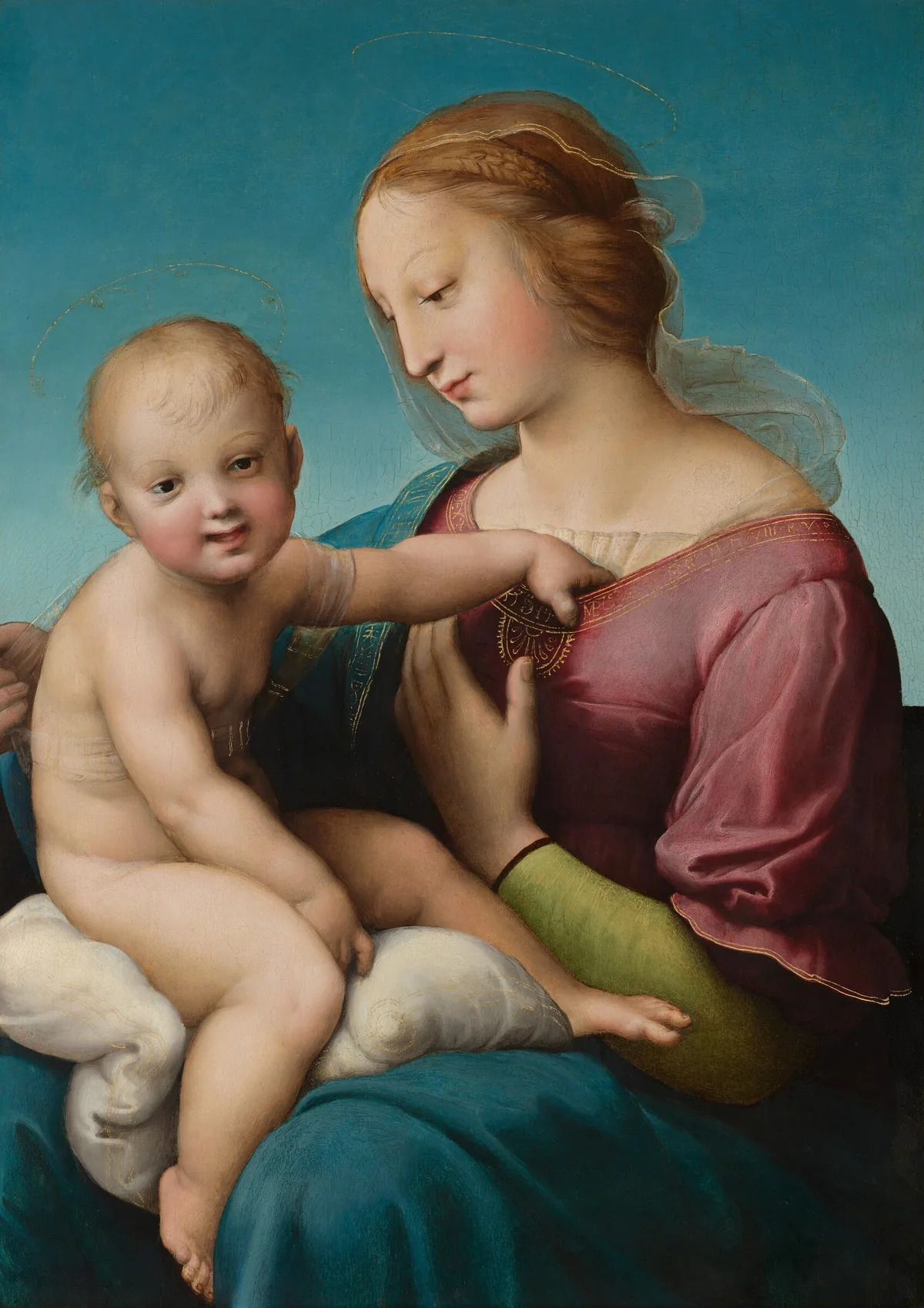 A woman holds and looks toward a nude, young child, who sits on her lap and looks out at us, smiling, in this vertical painting.