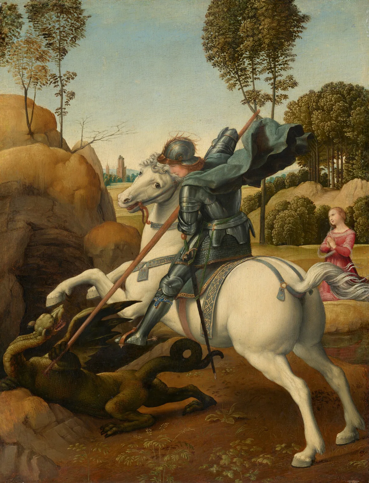 A man wearing armor, sitting astride a cream-white horse, drives a long lance down at a lizard-like dragon as a woman kneels with her hands in prayer in the landscape beyond in this vertical painting.