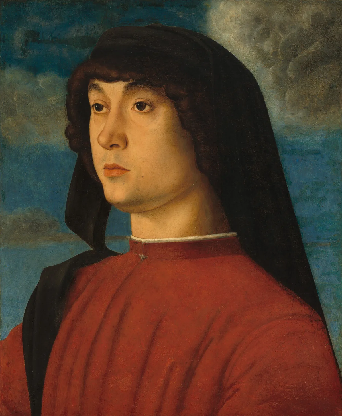 Shown from the chest up, a clean-shaven young man with pale, peachy skin looks off to our left against a cloudy sky in this vertical portrait painting.