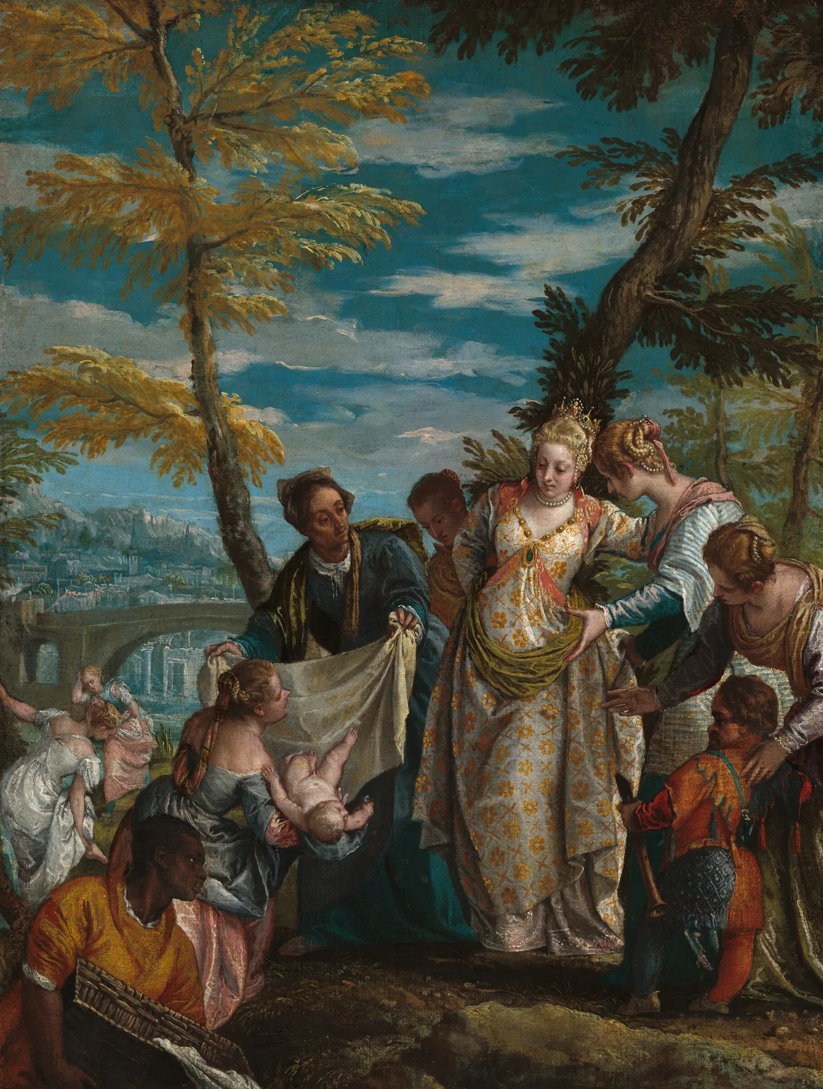 Six elegantly dressed, light-skinned women, a man with dark brown skin, and a person of short stature gather around a nude baby boy in front of a landscape with a town in the distance in this vertical painting.