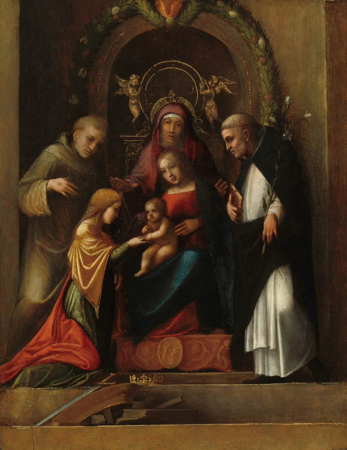 Three women, two men, and a baby sit on or stand near a throne with a curved top in this vertical painting.