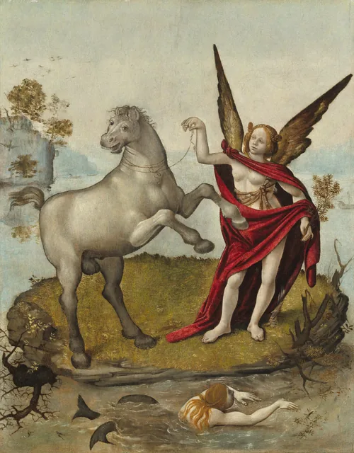 A winged, nearly nude woman with ivory-white skin, partially wrapped in a crimson-red cloak, delicately holds up the reins of a gray horse as it rears toward her in this vertical painting.