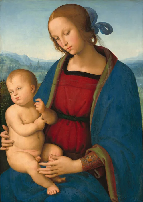 Seen from the lap up, a woman wearing a marine-blue robe over a crimson-red dress holds a nude baby boy on her lap in this vertical painting.