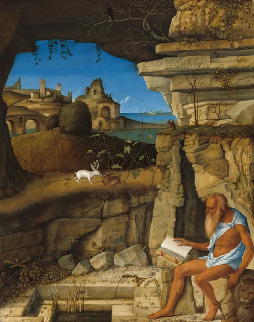 A bearded and balding man with deeply tanned skin, dressed only in a strip of robin’s egg-blue fabric around his shoulders and hips, sits reading a book on a rock at the entrance to a craggy cave, in front of a landscape in this vertical painting.