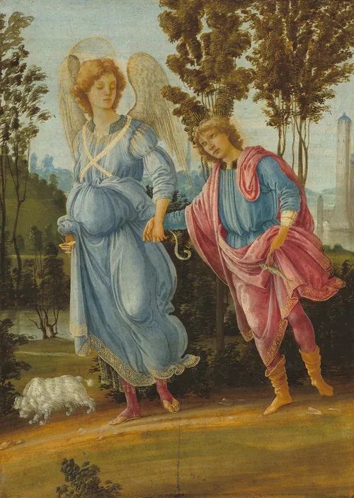 A winged angel leads a clean-shaven young man across a landscape in this vertical painting.