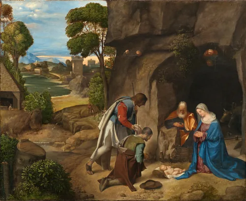 Four people with pale skin are gathered to our right in a landscape, their heads bowed down toward an infant who lies on a white cloth on the ground in this horizontal painting.