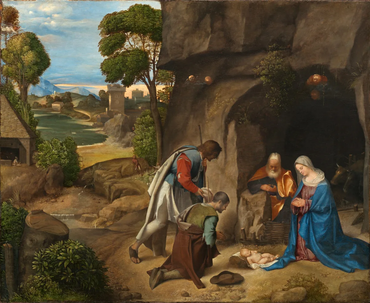 Four people with pale skin are gathered to our right in a landscape, their heads bowed down toward an infant who lies on a white cloth on the ground in this horizontal painting.