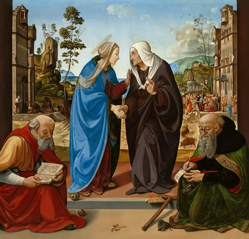 Two women stand clasping hands between two seated men, all against a deep landscape with hills and a town in this nearly square painting.