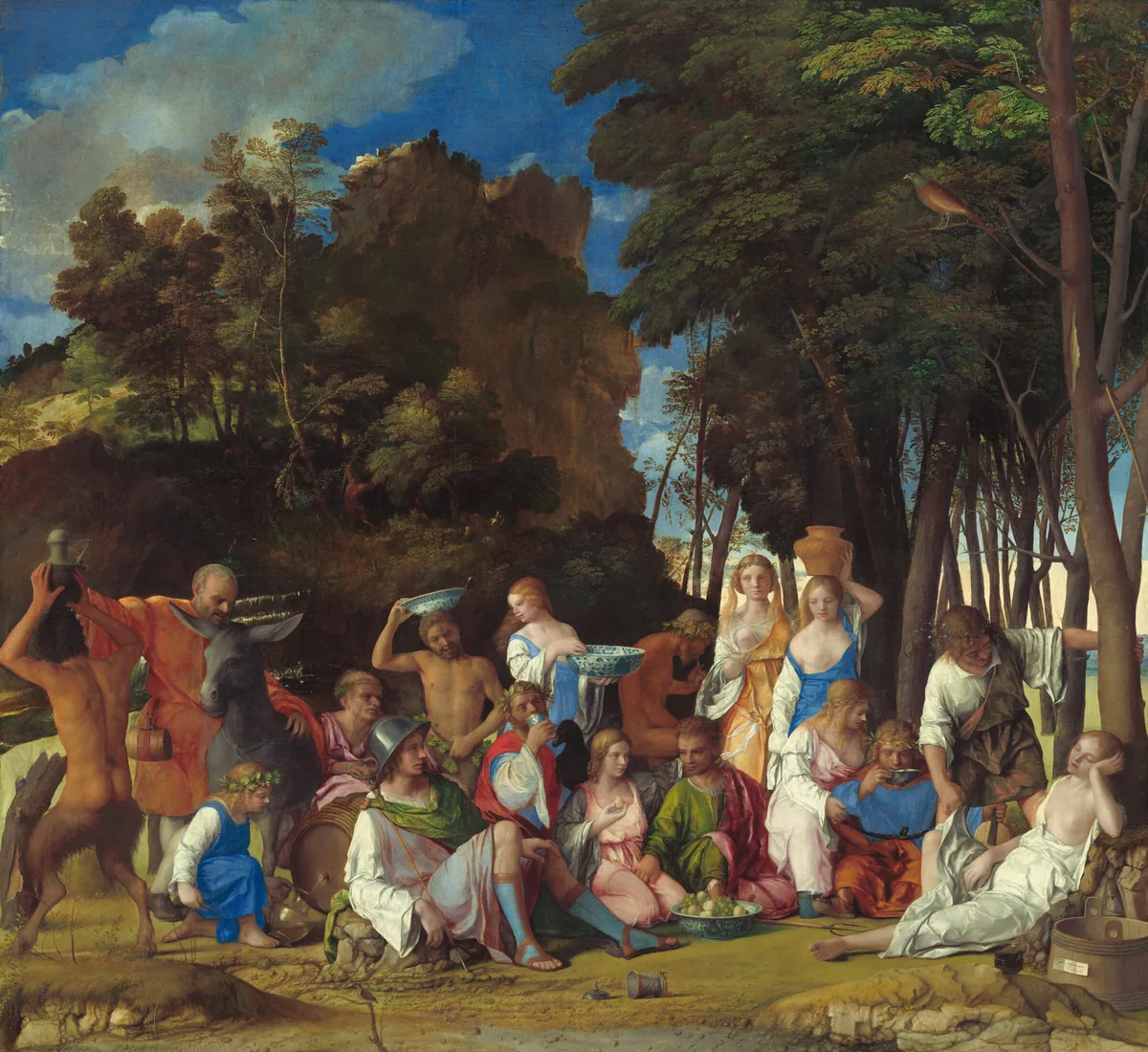 Six women, eight men, two satyrs, and one child gather in pairs and trios in a loose row that spans the width of this nearly square painting.