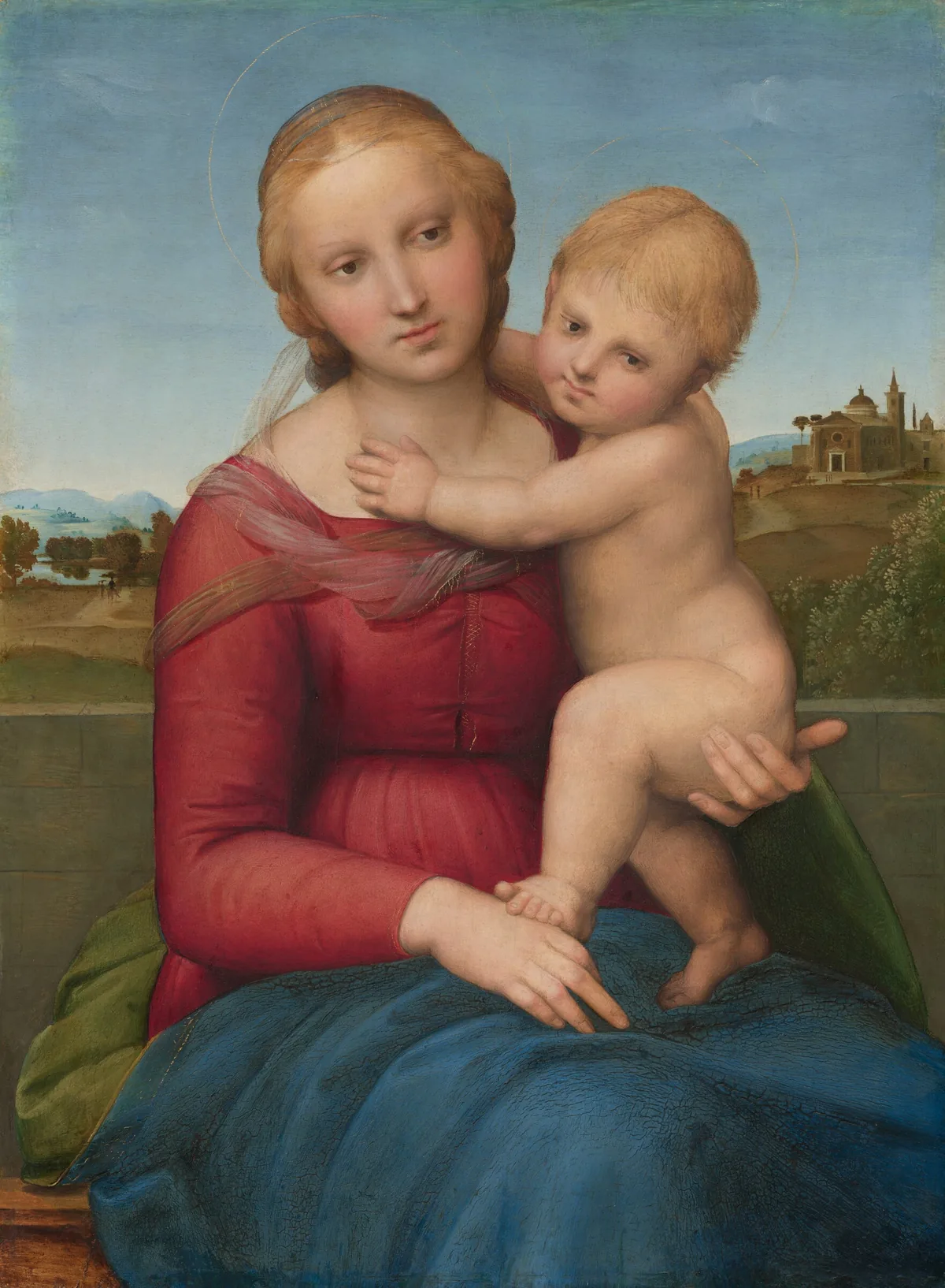 A woman and nude child, both with pale skin, sit in front of a deep landscape in this vertical painting.