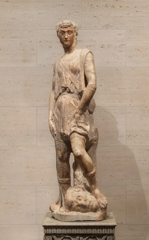 A clean-shaven, young man, David, stands with his feet to either side of a severed head in this free-standing marble sculpture.