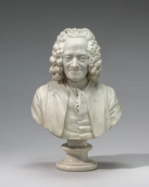 The head, shoulders, and upper chest of a man wearing a curly wig are carved from white marble in this freestanding portrait sculpture.