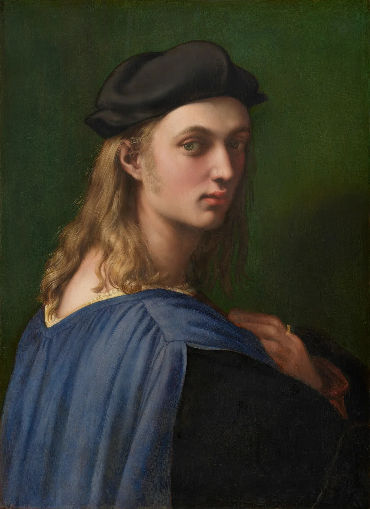 A young man with smooth, pale peachy skin and long blond hair looks over his right shoulder at us in this vertical portrait painting.