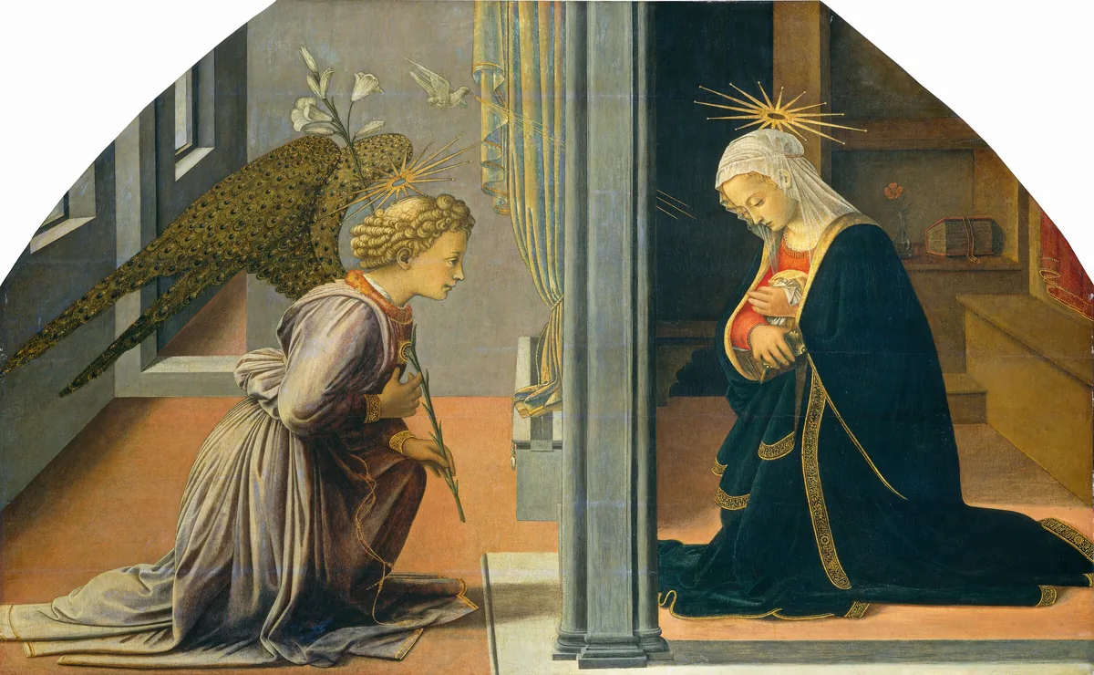 Separated by a vertical, column-like partition, a woman to our right kneels opposite a winged angel to our left, who also kneels and holds the stem of a long white lily propped against one shoulder in this horizontal painting.