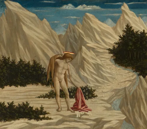 A young, nude, light-skinned man stands in the center of a rocky, mountainous landscape in this square painting.