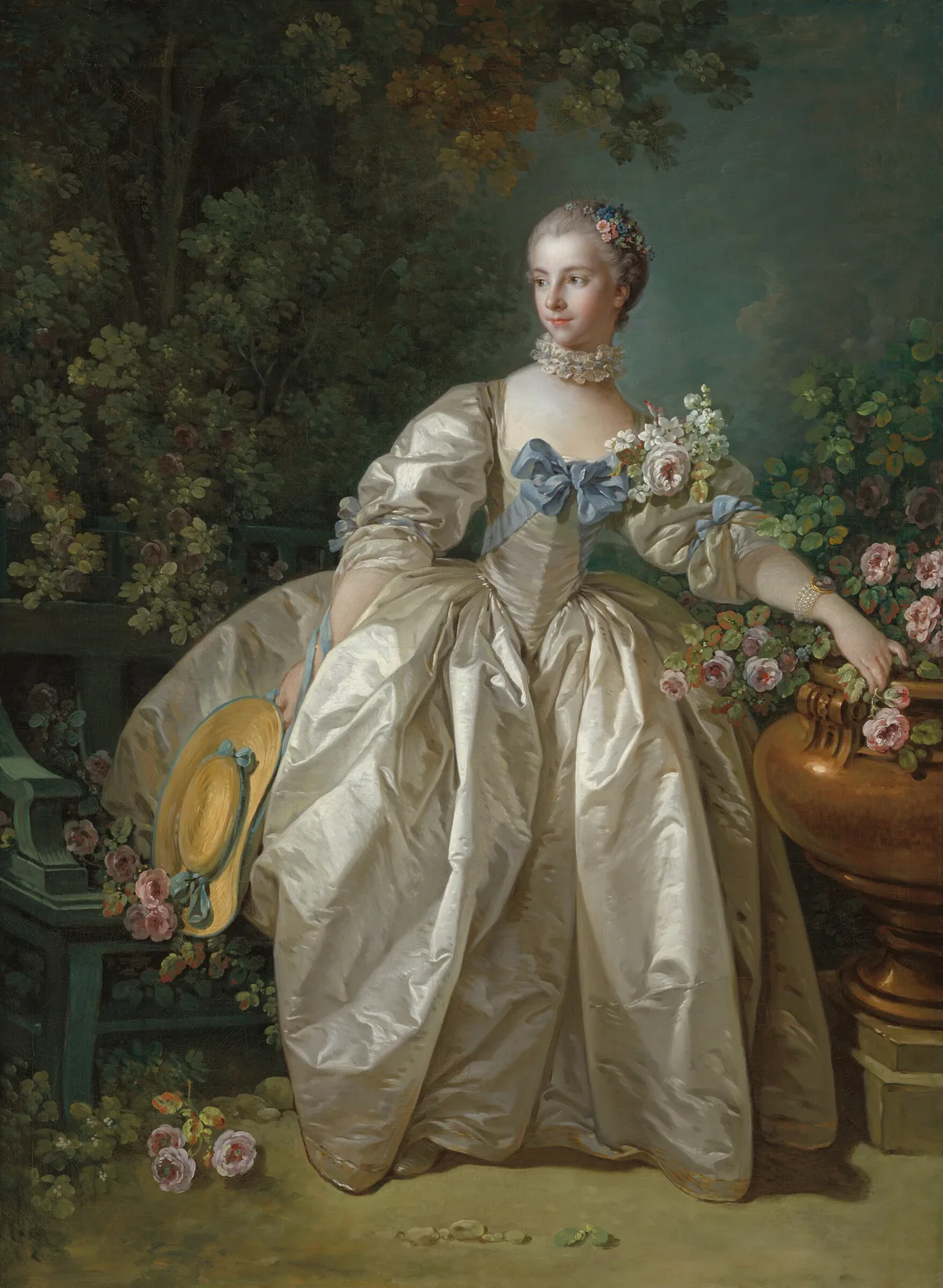 A young woman with light skin stands in a garden, wearing a voluminous, full-length, silvery, shimmering gown in this vertical portrait painting.