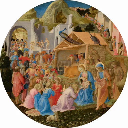 Dozens of people line up around a shed-like structure and around stone ruins to kneel before a woman and baby at the lower center of this circular painting.
