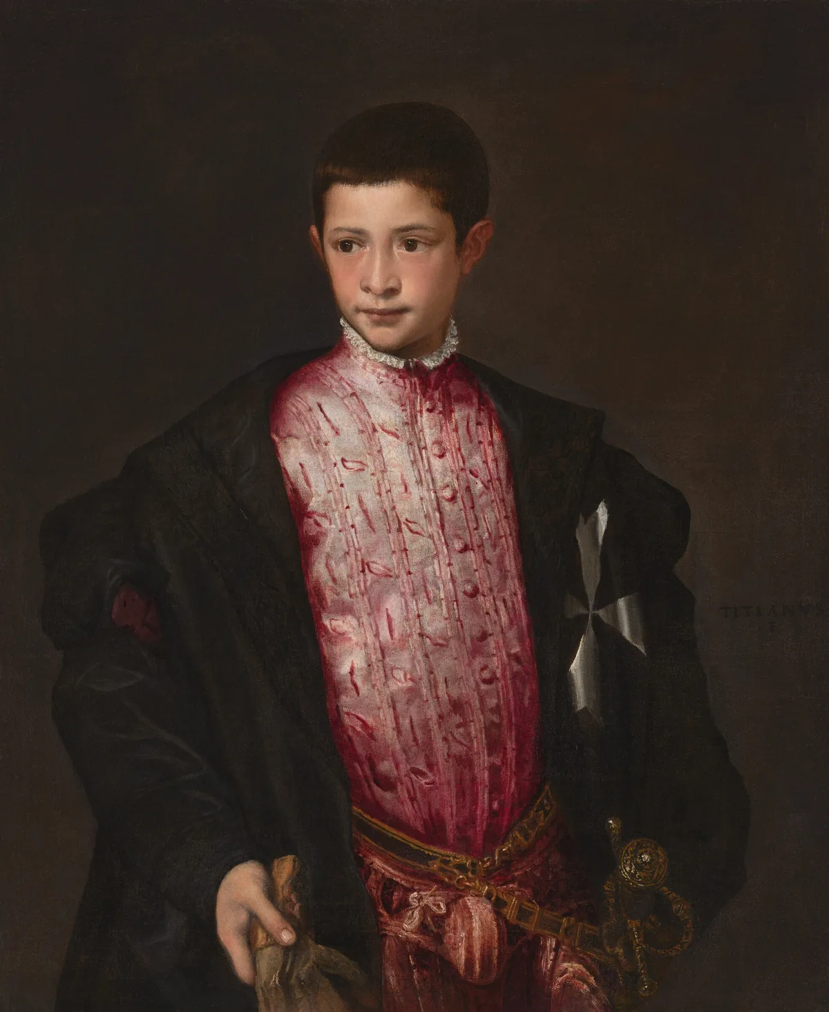 Shown from the hips up, a young boy with pale, peachy skin wears a voluminous, black cloak that nearly falls off his shoulders over a rose-pink tunic, with a sword hanging from one hip in this vertical portrait painting.