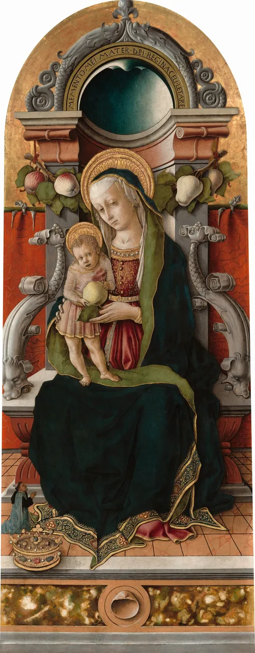 A young woman sits with a small child standing on her lap on an ornate throne as a third person, tiny in scale, kneels and looks up from the lower left corner in this tall, narrow, vertical painting, which has an arched top.