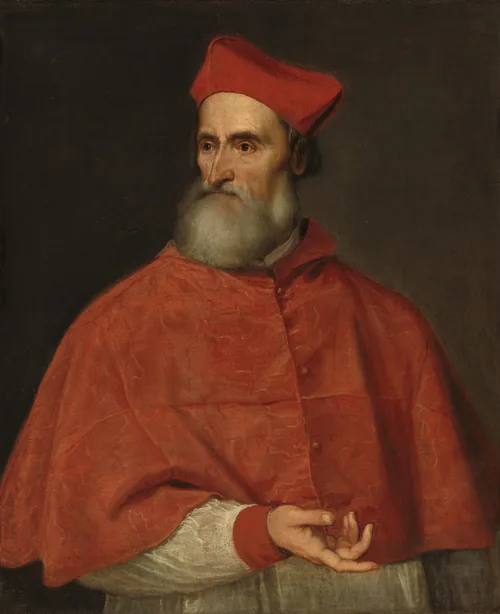 Shown from the waist up, an older, pale-skinned man wearing clerical robes gestures to our right with one hand and turns his head to look off to our left in this vertical portrait painting.