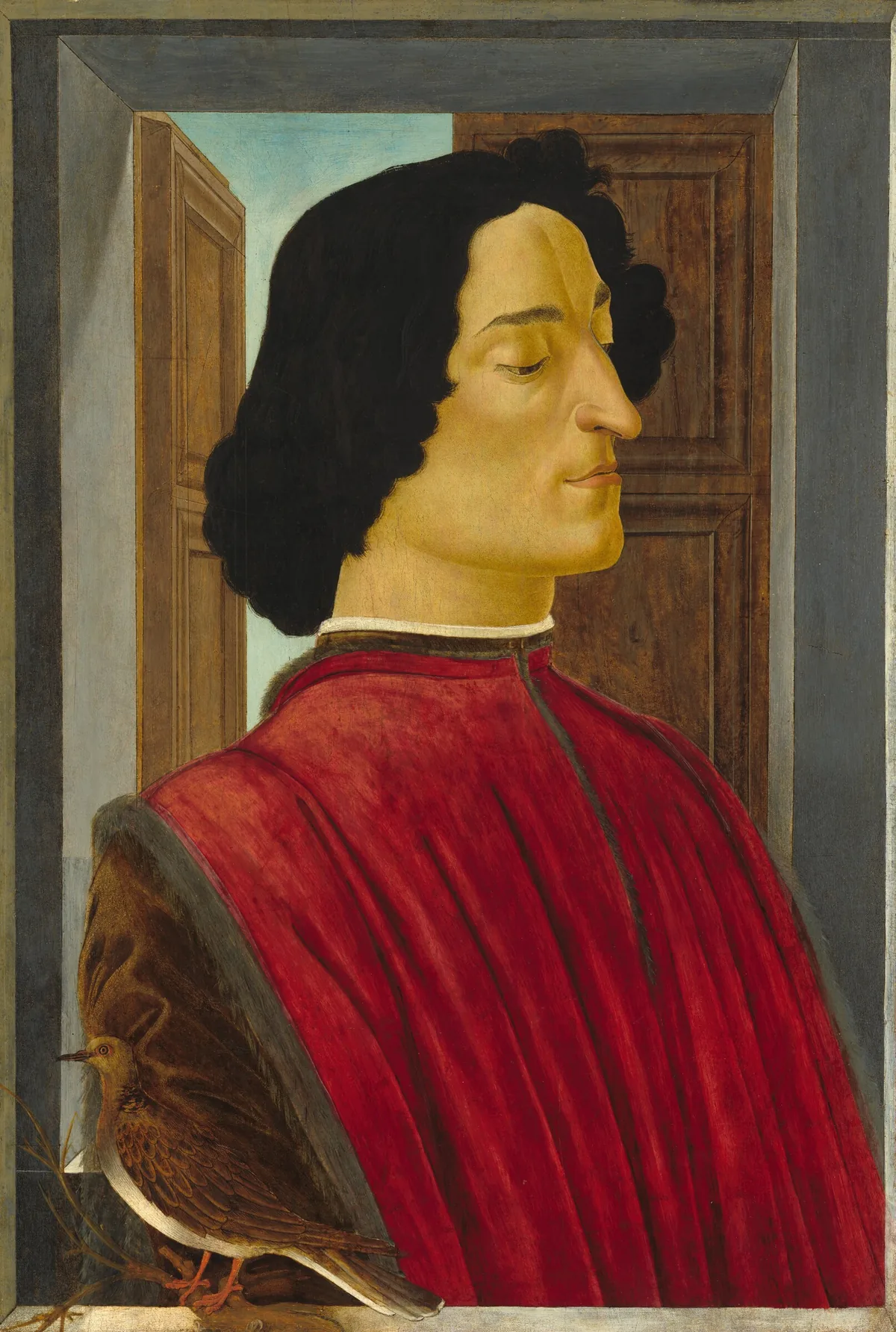 Shown from the chest up, a man with pale, yellow-tinged skin is angled to our right with downcast eyes in this vertical portrait painting.